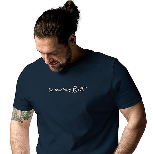 Men navy 100% organic cotton t-shirt with motivational quote, "Do Your Very Best."