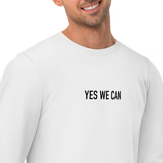 Men white inspirational sweatshirt with Barack Obama's inspirational quote, "Yes We Can."