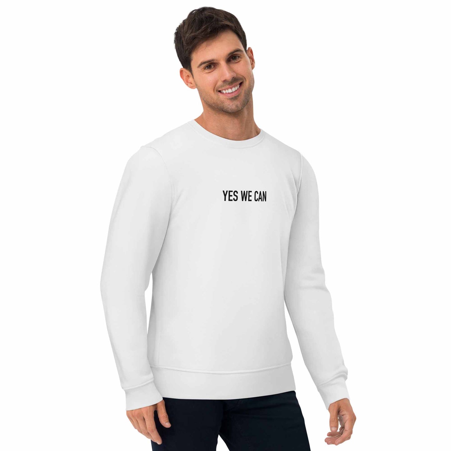 Men white positive sweatshirt with Barack Obama's inspirational quote, "Yes We Can."