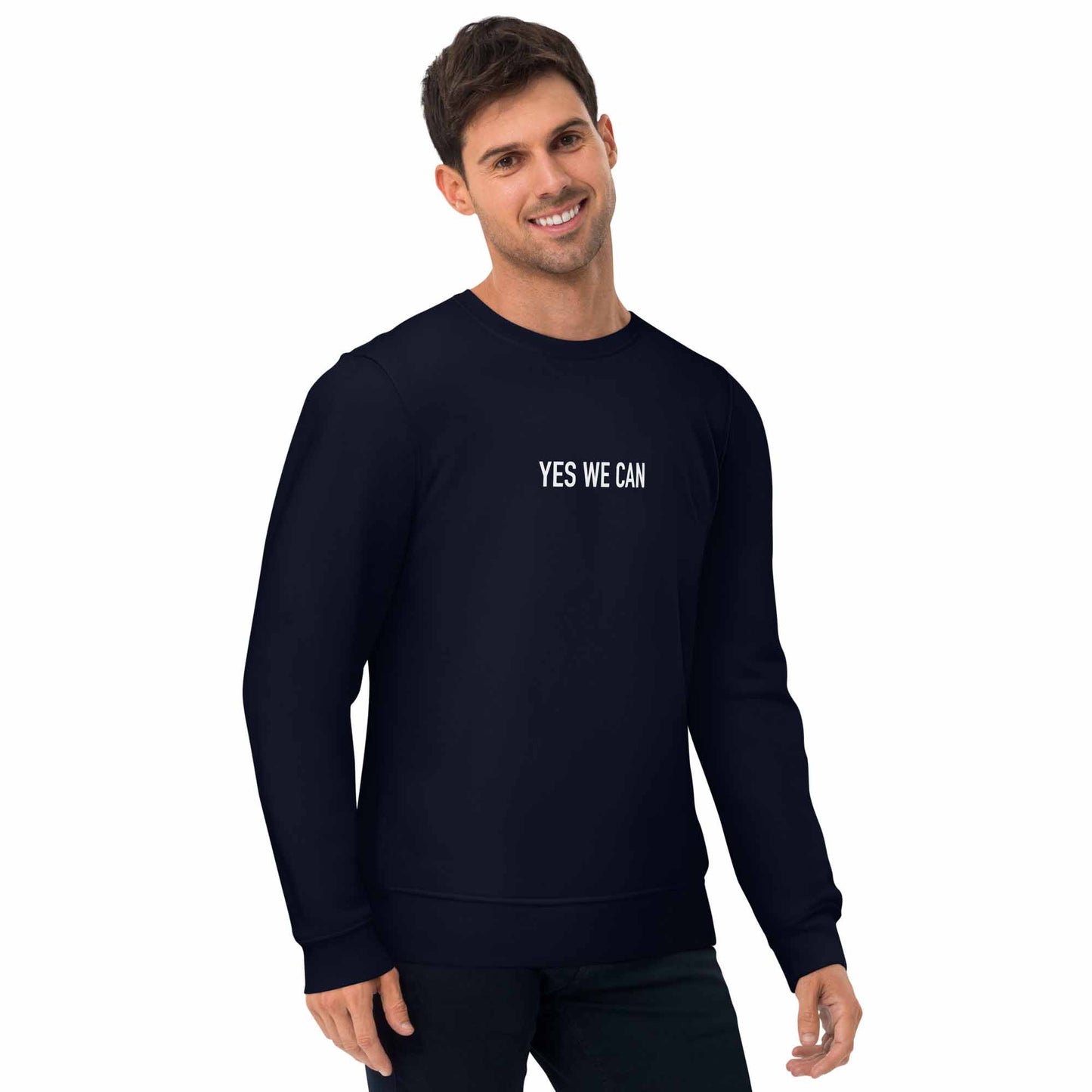 Men navy inspirational sweatshirt with Barack Obama's inspirational quote, "Yes We Can."