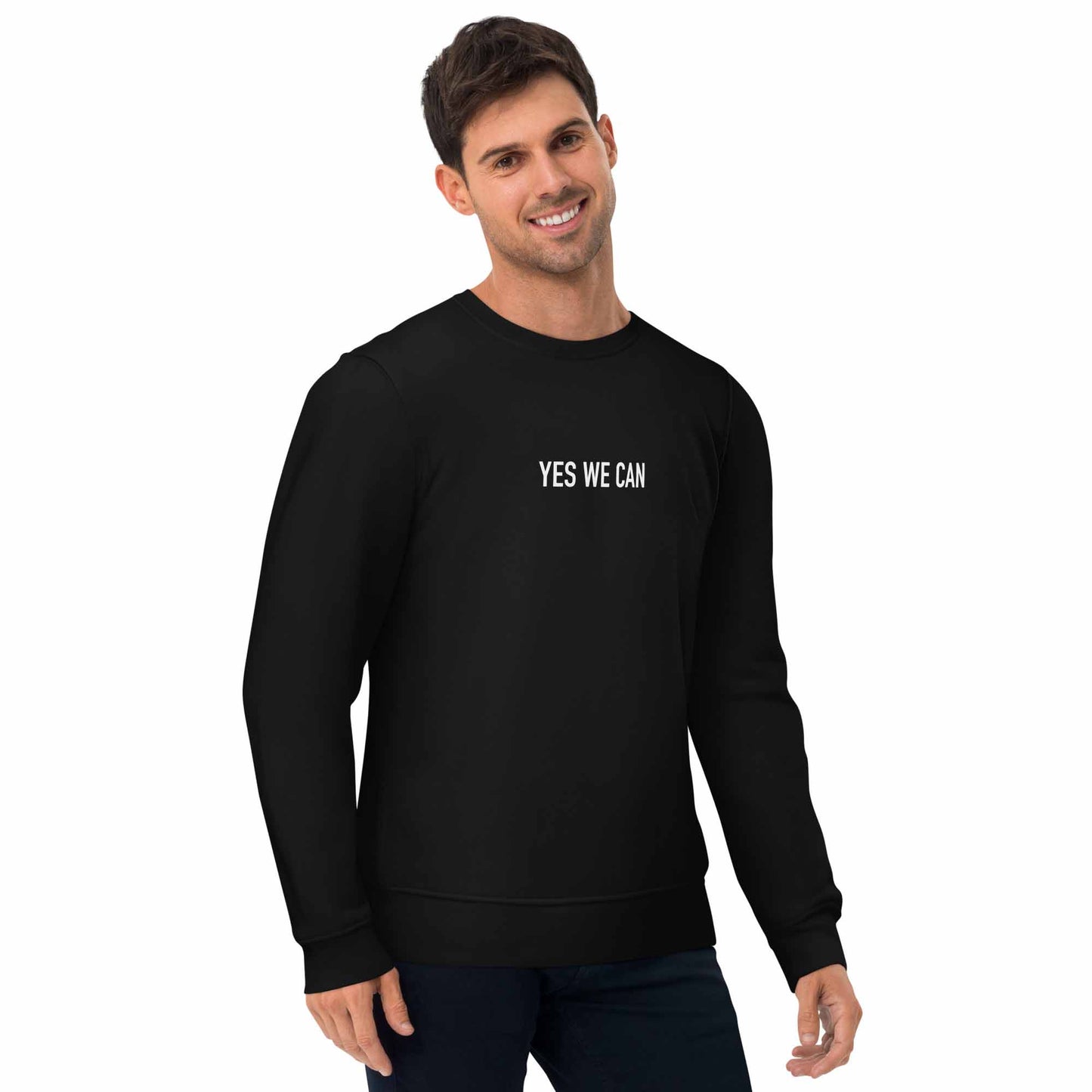 Men black inspirational sweatshirt with Barack Obama's inspirational quote, "Yes We Can."