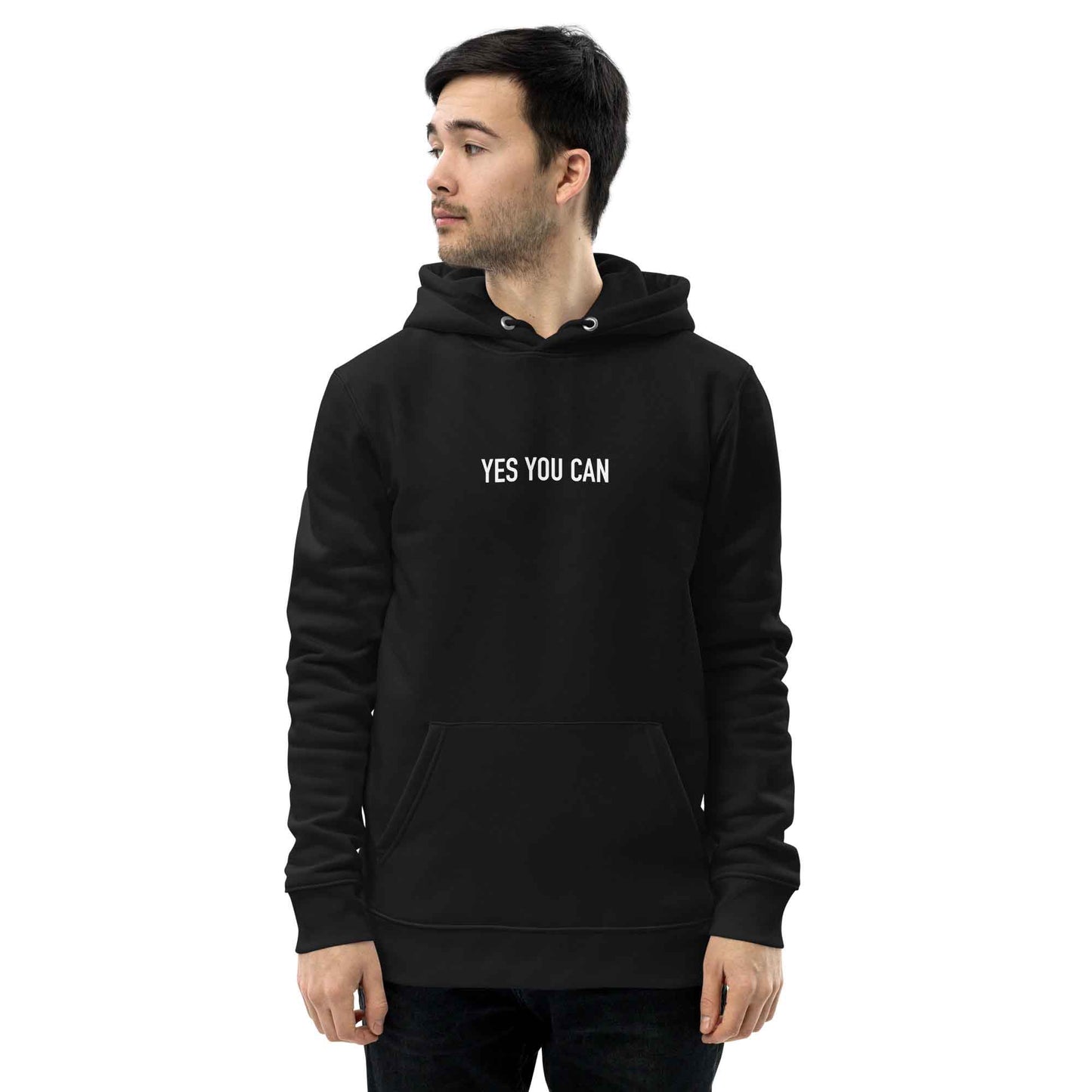 Men black organic cotton hoodie with inspirational quote, "Yes You Can."