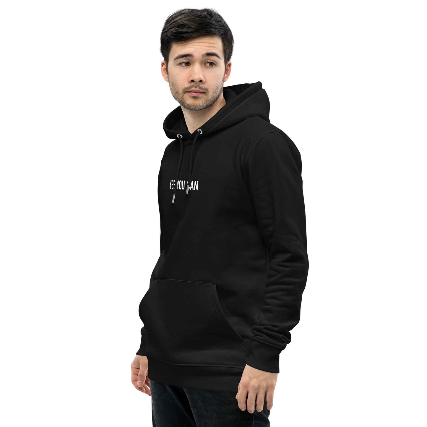 Men black motivational hoodie with inspirational quote, "Yes You Can."
