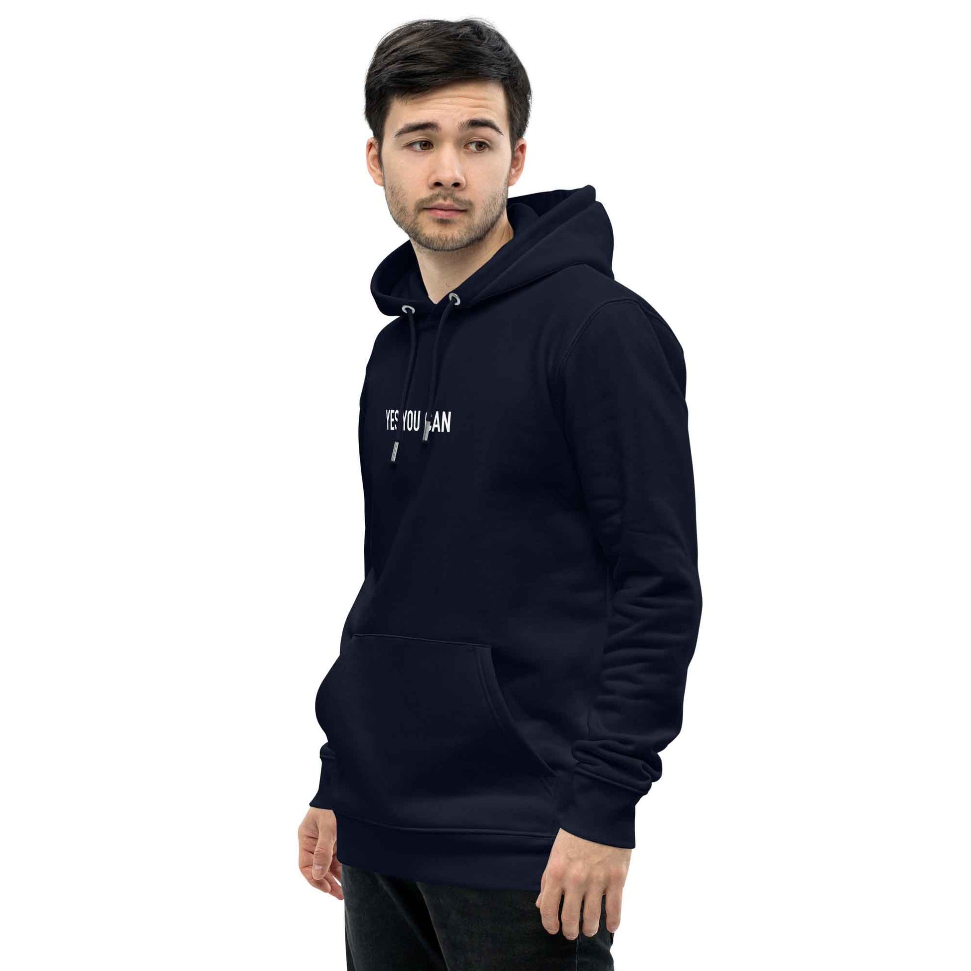 Men navy organic cotton hoodie with inspirational quote, "Yes You Can."