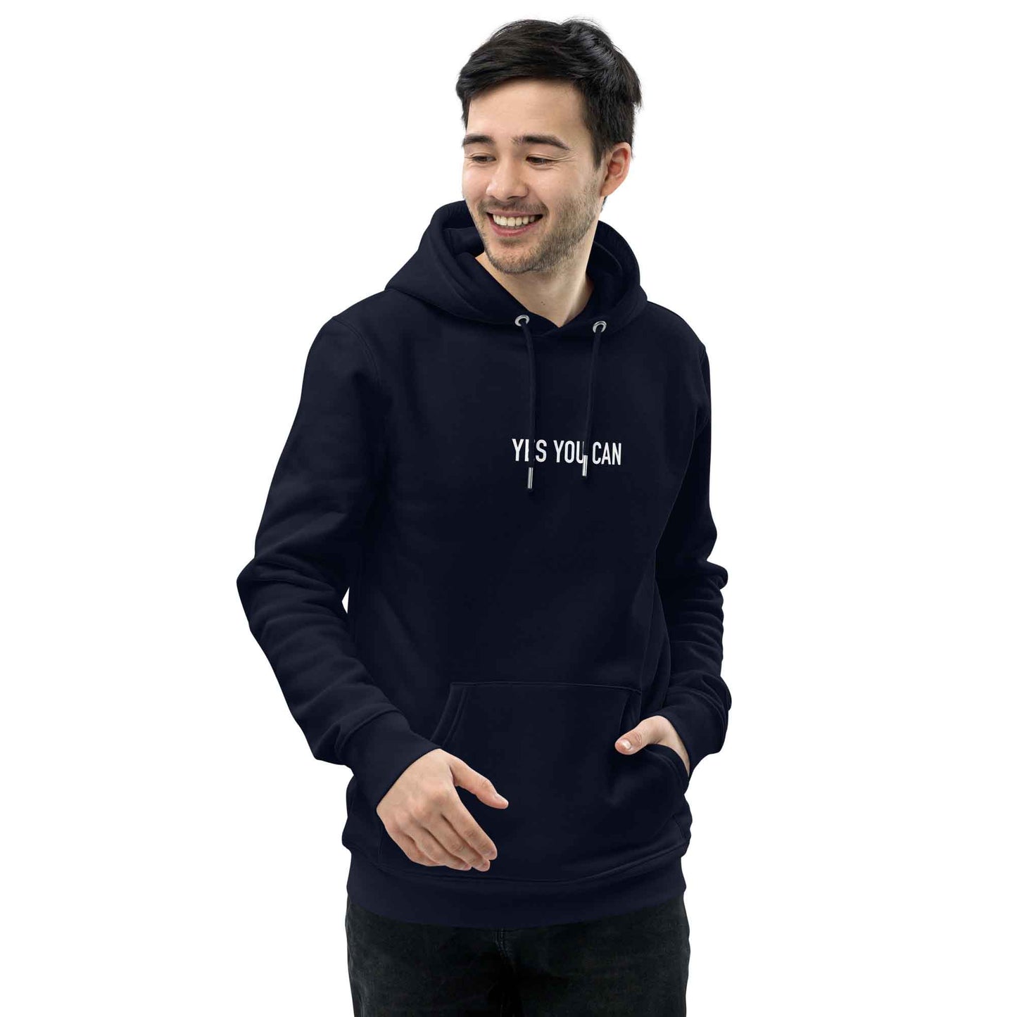 Men navy motivational hoodie with inspirational quote, "Yes You Can."