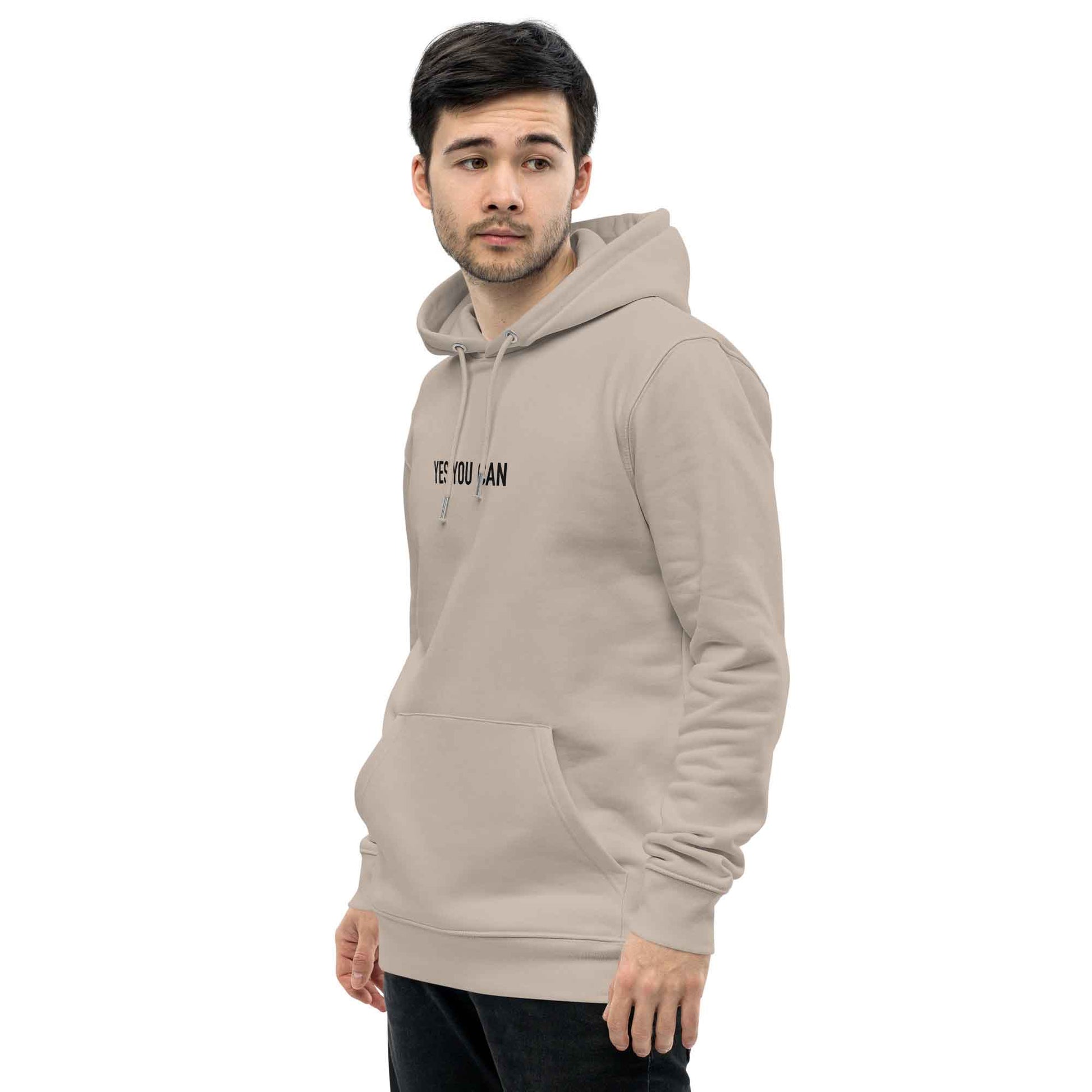 Men beige organic cotton hoodie with inspirational quote, "Yes You Can."