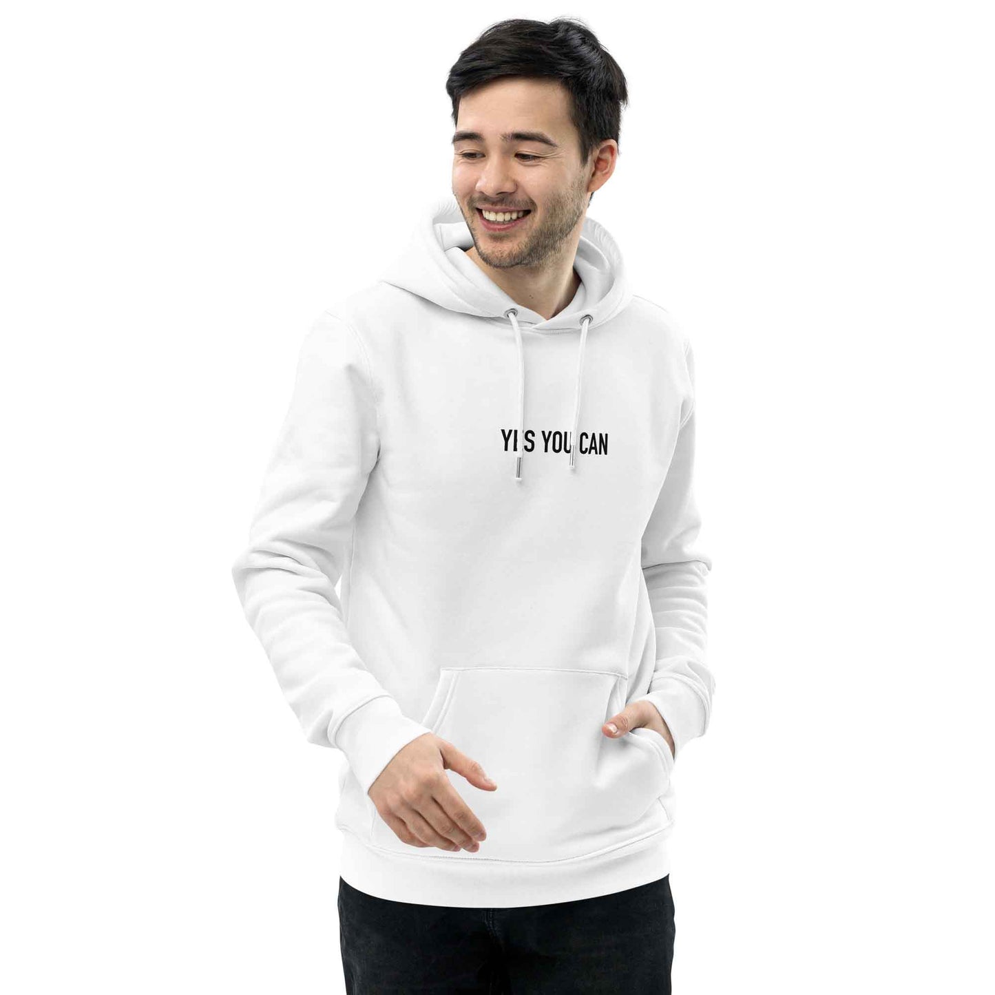 Men white motivational hoodie with inspirational quote, "Yes You Can."