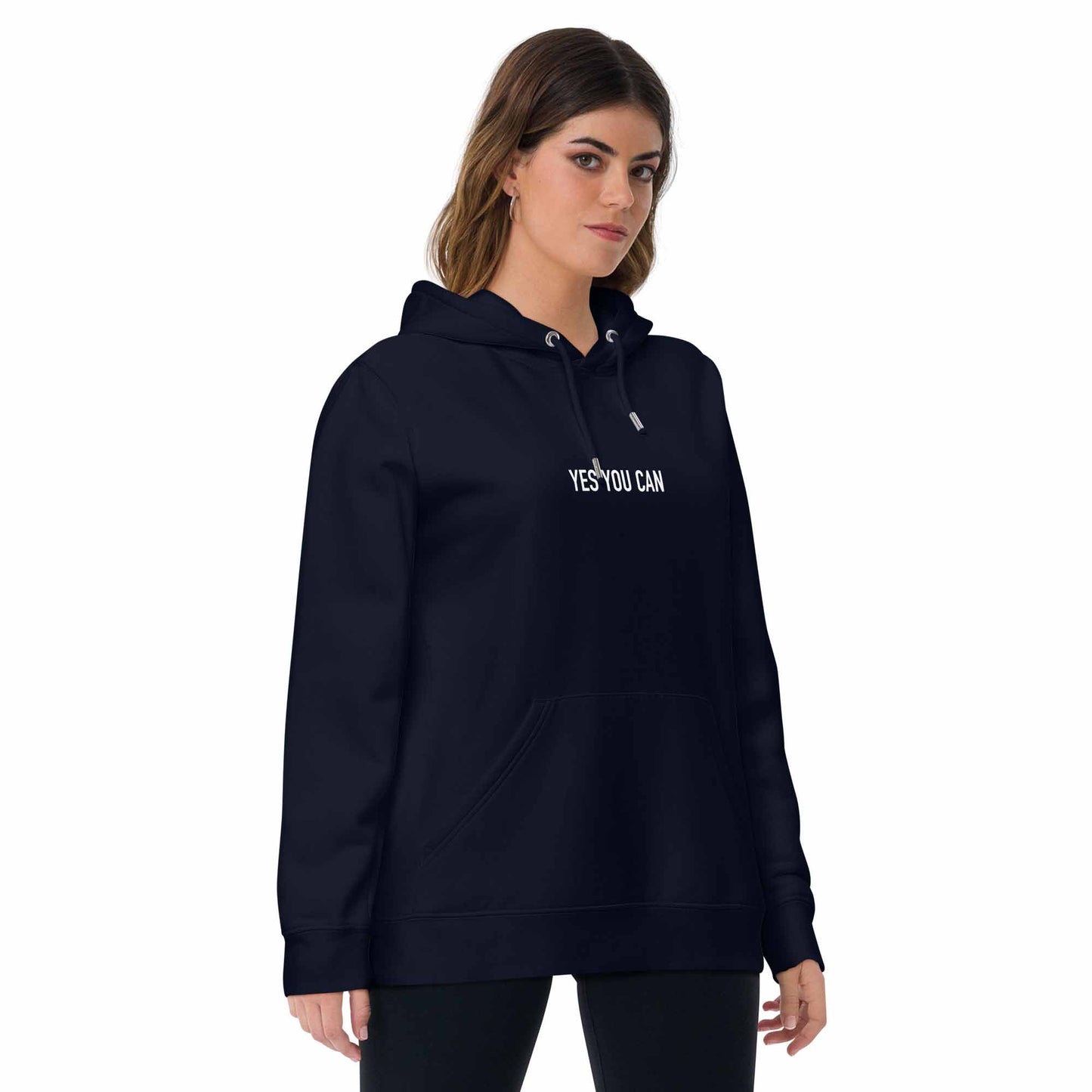 Women navy inspirational hoodie with inspirational quote, "Yes You Can."