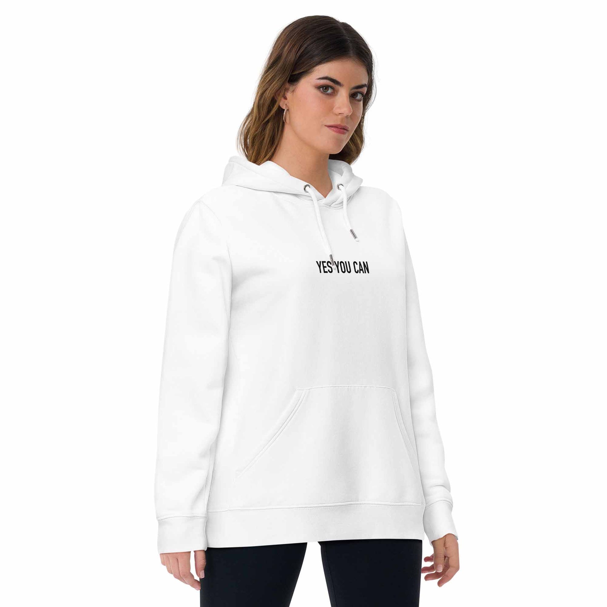 Women white inspirational hoodie with inspirational quote, "Yes You Can."