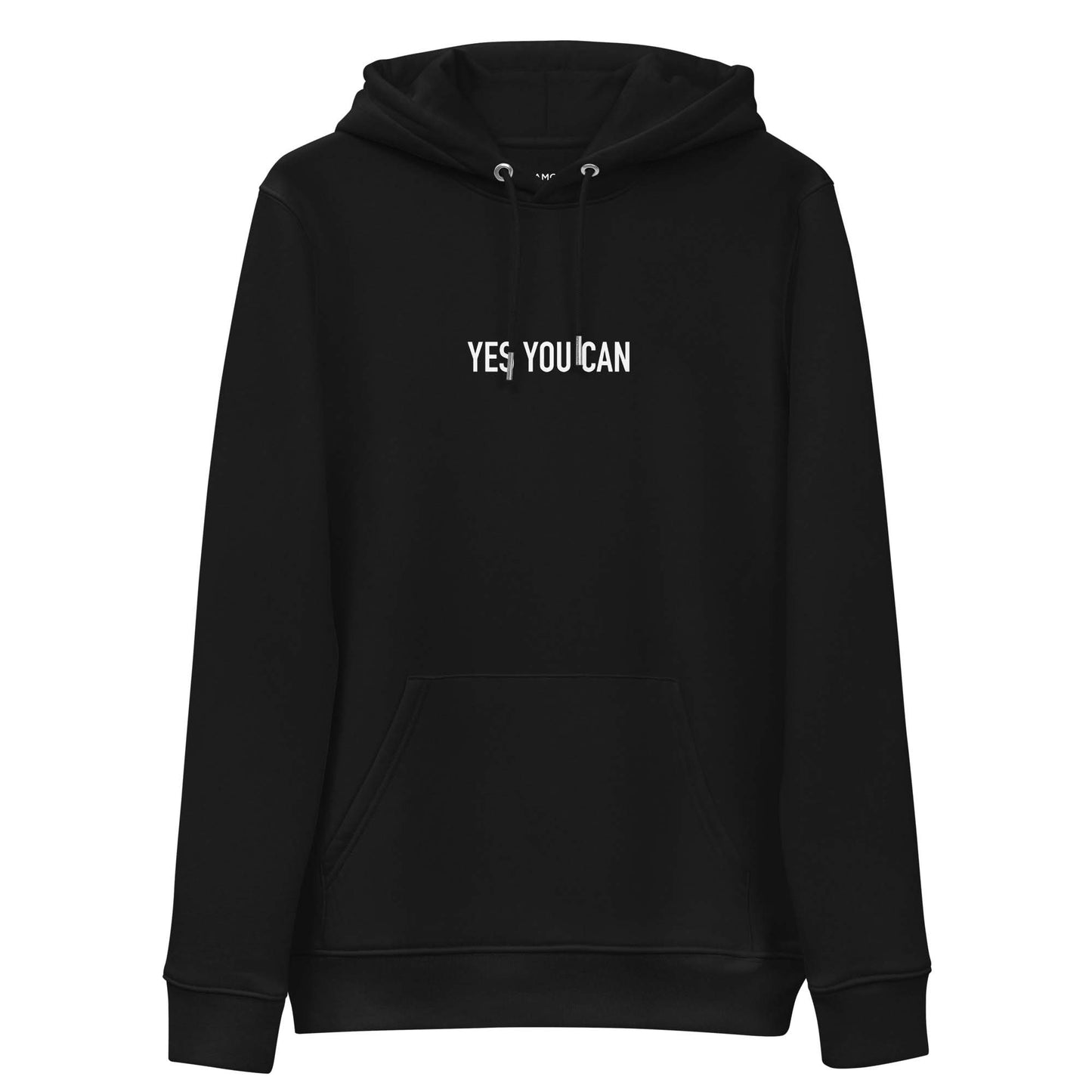 Women black sustainable hoodie with inspirational quote, "Yes You Can."