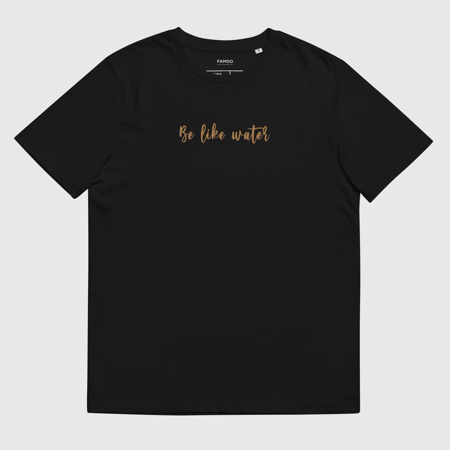 Men's black organic cotton t-shirt that features Bruce Lee's inspirational quote, "Be Like Water."