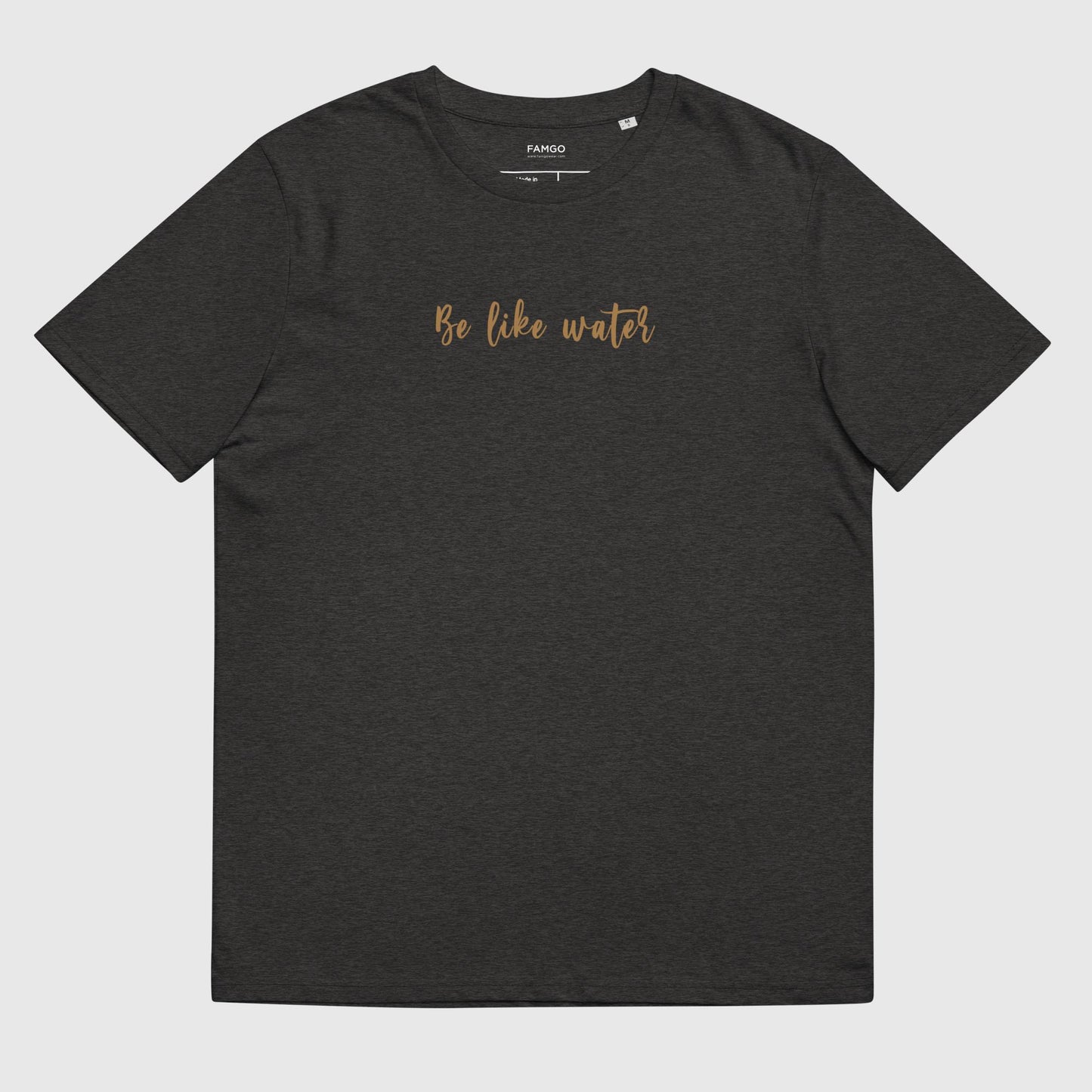 Men's dark heather gray organic cotton t-shirt that features Bruce Lee's inspirational quote, "Be Like Water."