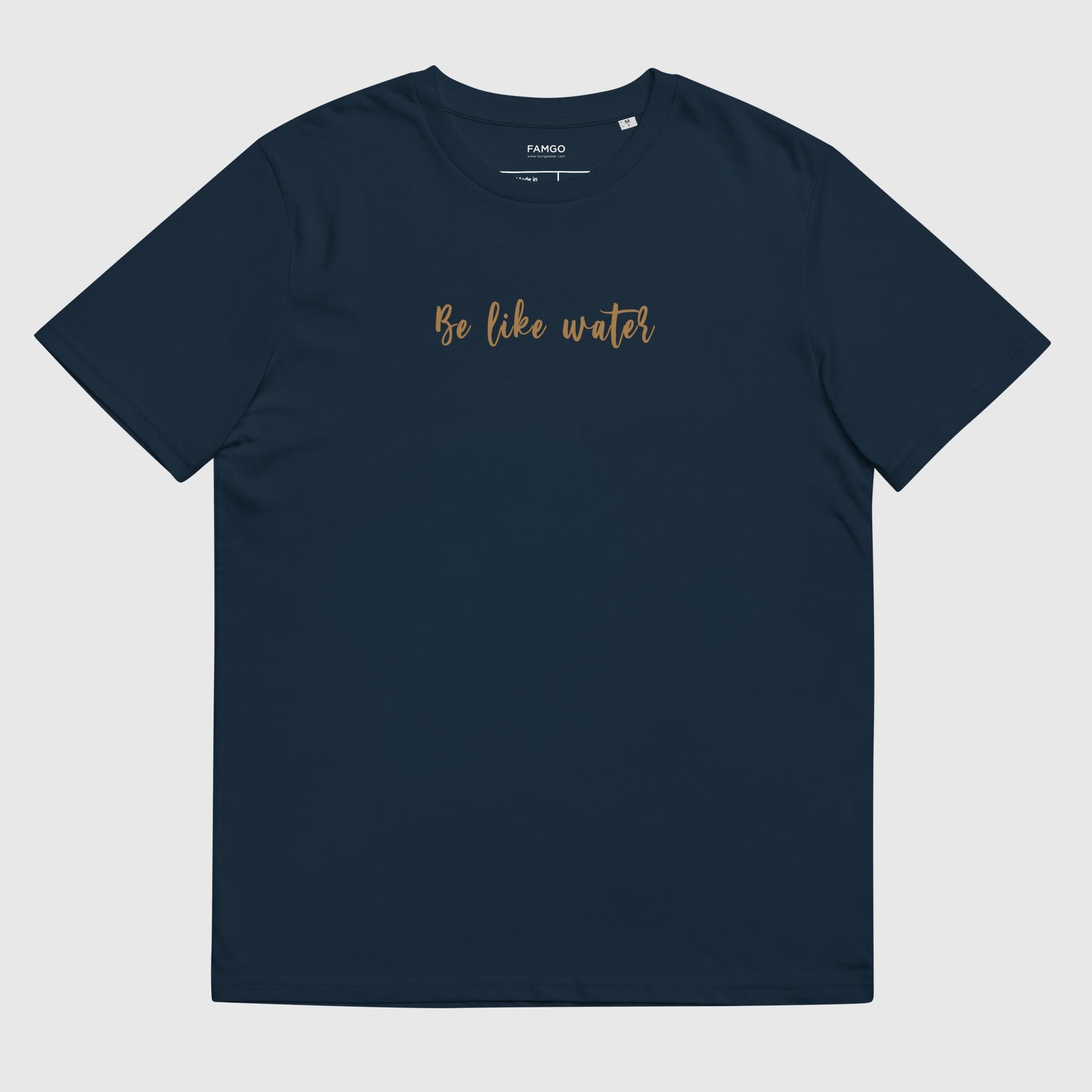 Men's french navy organic cotton t-shirt that features Bruce Lee's inspirational quote, "Be Like Water."