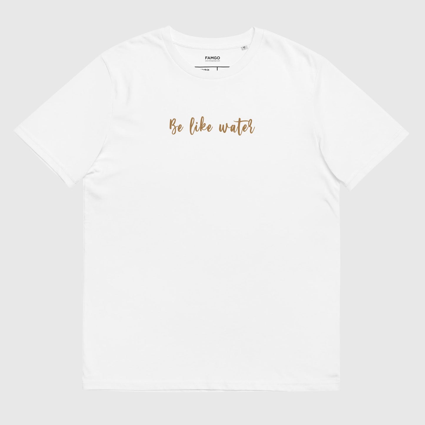 Men's white organic cotton t-shirt that features Bruce Lee's inspirational quote, "Be Like Water."