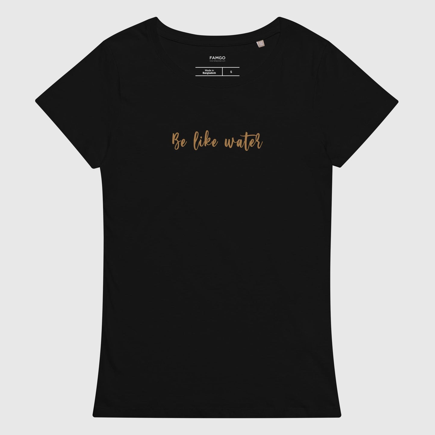 Women's black organic cotton t-shirt that features Bruce Lee's inspirational quote, "Be Like Water."