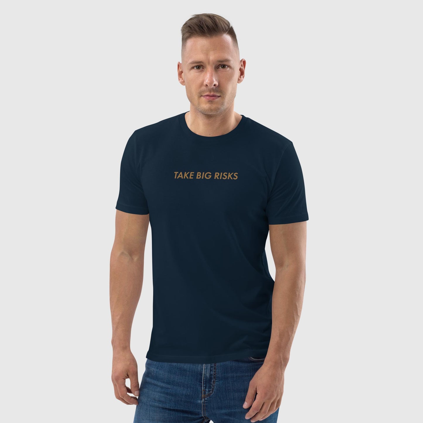 Men's french navy organic cotton t-shirt that features Bill Gates' quote on success, "Take Big Risks."