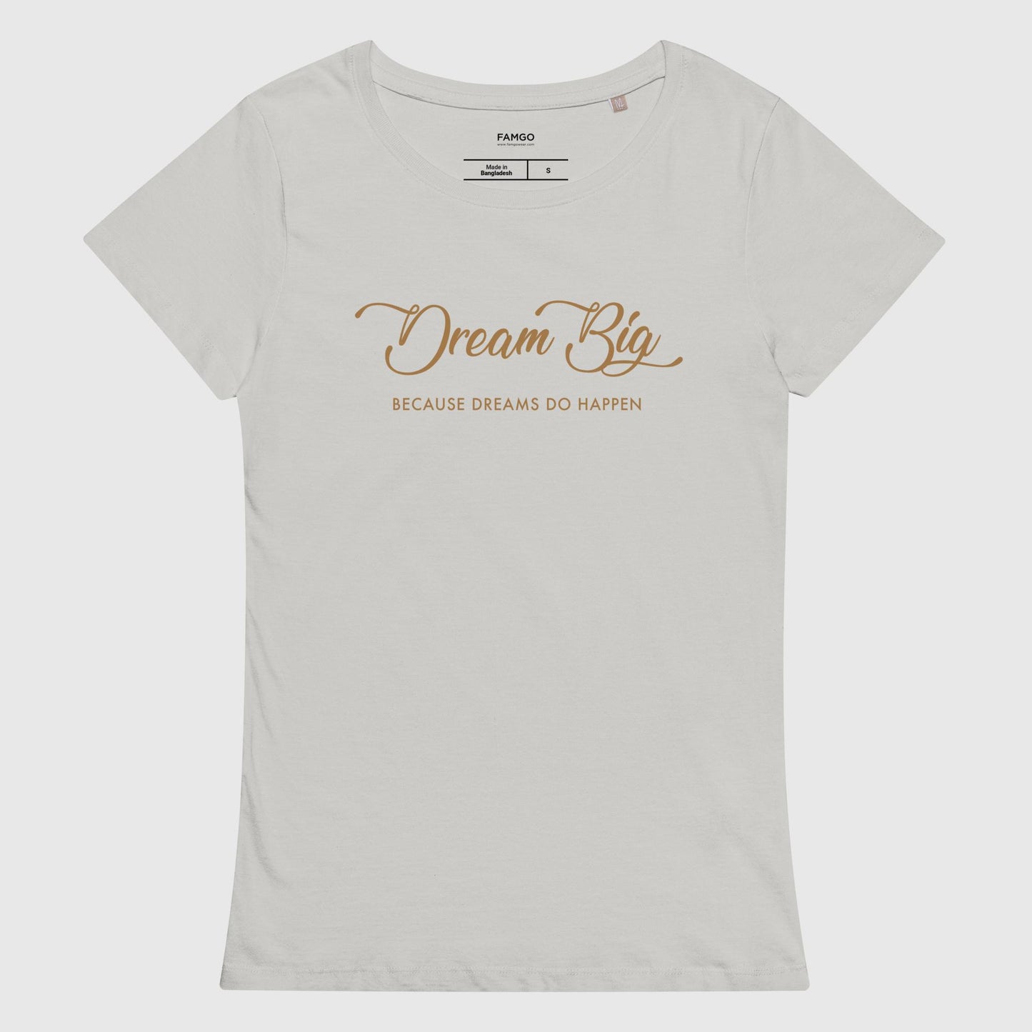 Women's gray organic cotton t-shirt that features Alex Morgan's inspirational quote, "Dream Big - Because Dreams Do Happen."