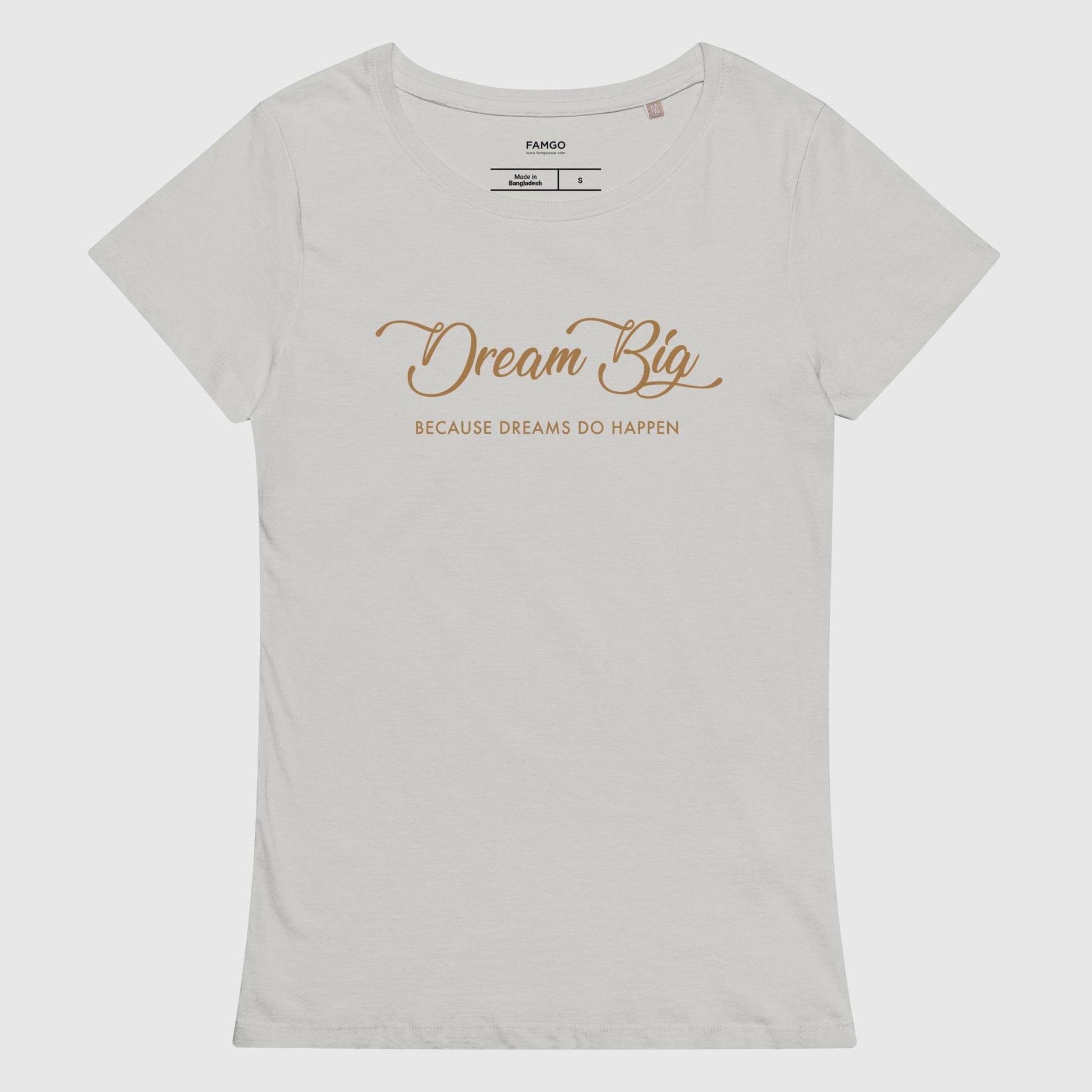 Women's gray organic cotton t-shirt that features Alex Morgan's inspirational quote, "Dream Big - Because Dreams Do Happen."