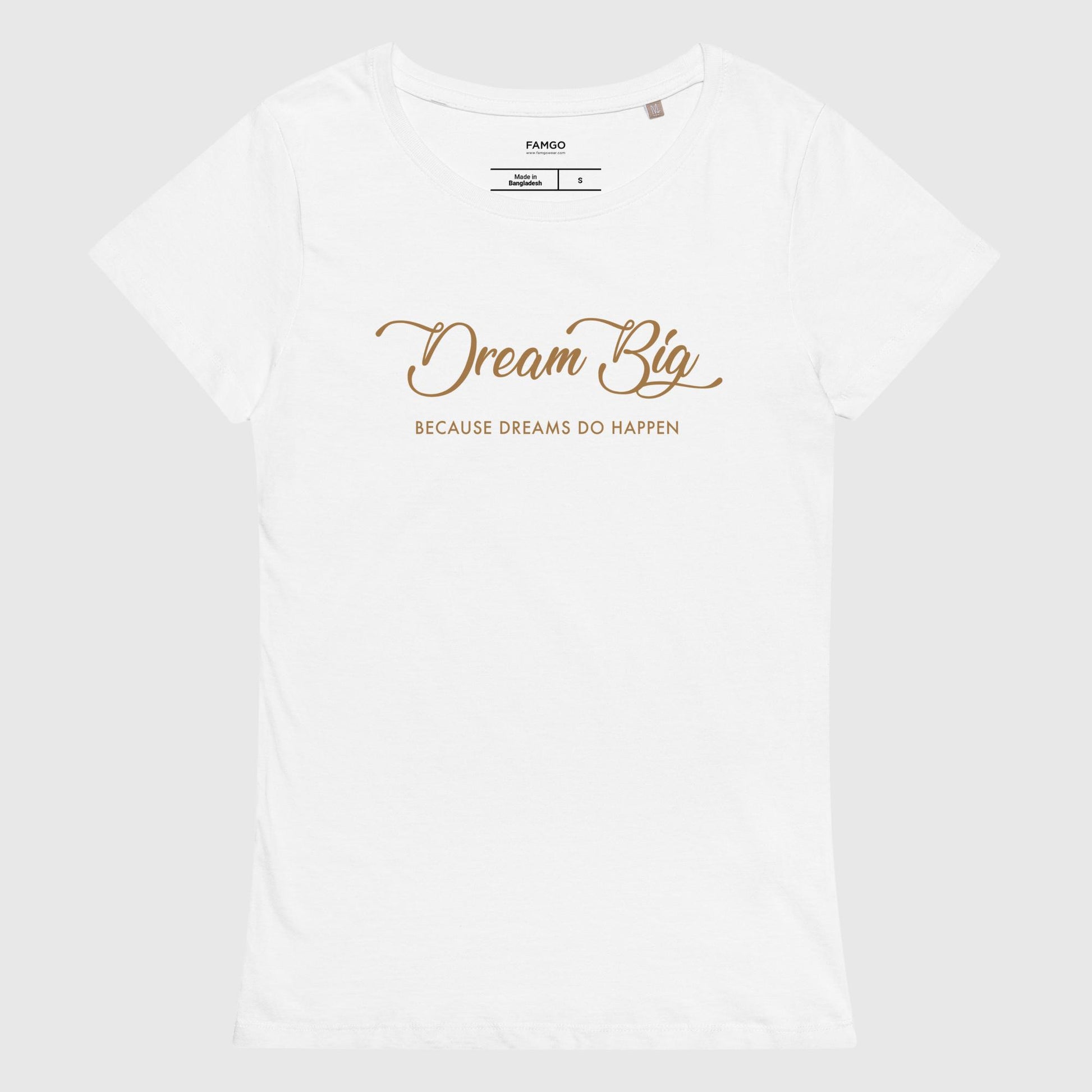 Women's white organic cotton t-shirt that features Alex Morgan's inspirational quote, "Dream Big - Because Dreams Do Happen."