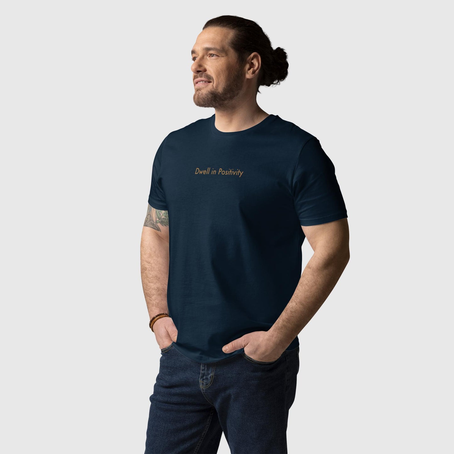 Men's french navy organic cotton t-shirt that features Emily Dickinson's quote, "I dwell in positivity."