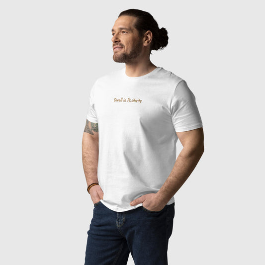 Men's white organic cotton t-shirt that features Emily Dickinson's quote, "I dwell in positivity."