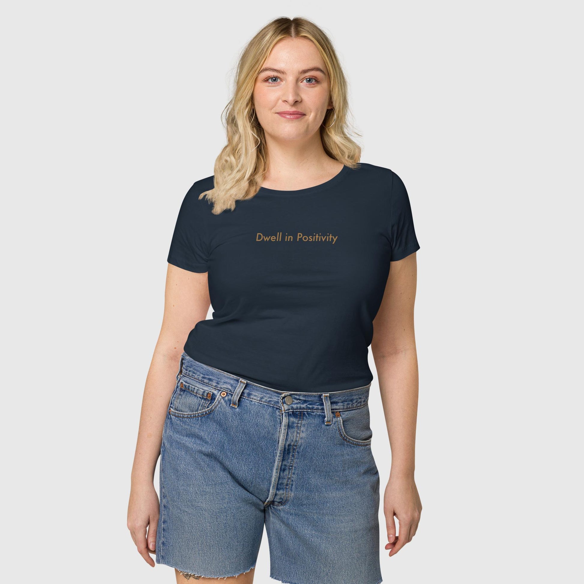 Women's french navy organic cotton t-shirt that features Emily Dickinson's quote, "I dwell in positivity."