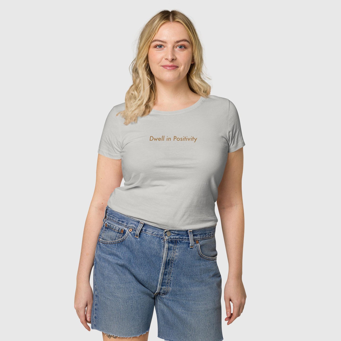 Women's pure gray organic cotton t-shirt that features Emily Dickinson's quote, "I dwell in positivity."