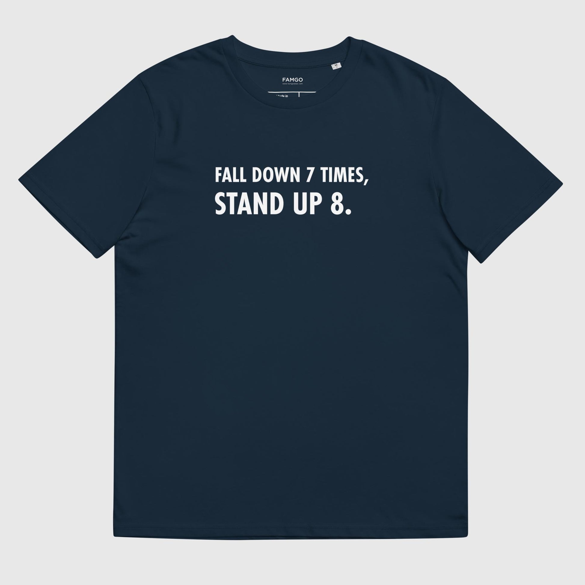 Men's navy organic cotton t-shirt that features the Japanese proverb "Fall Down 7 Times, Stand Up 8."