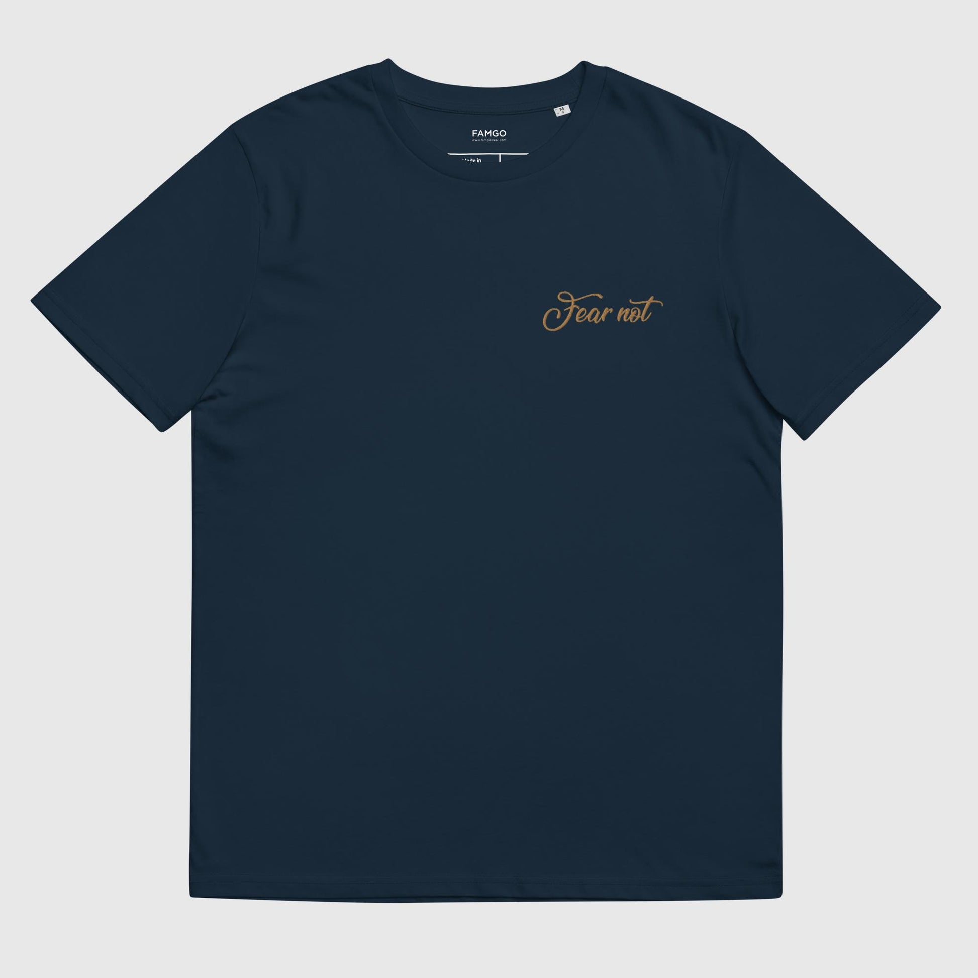 Men's french navy organic cotton t-shirt that features the inspirational quote, "Fear Not."