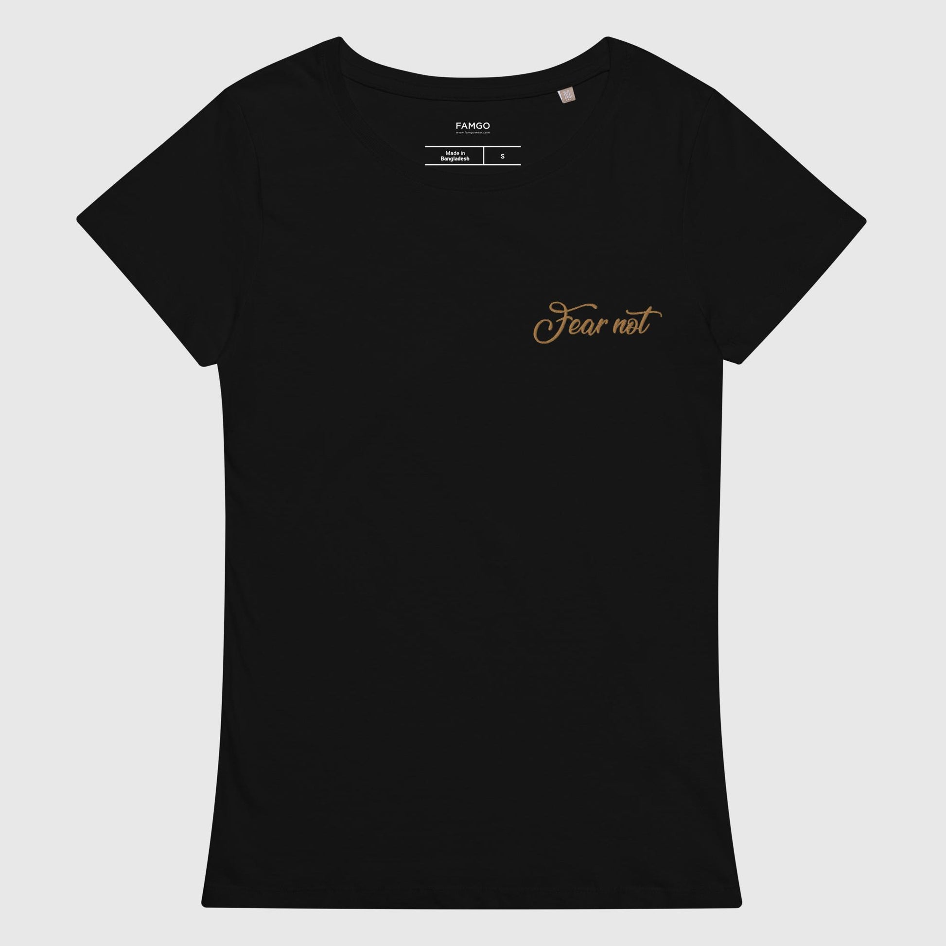 Women's black organic cotton t-shirt that features the inspirational quote, "Fear Not."