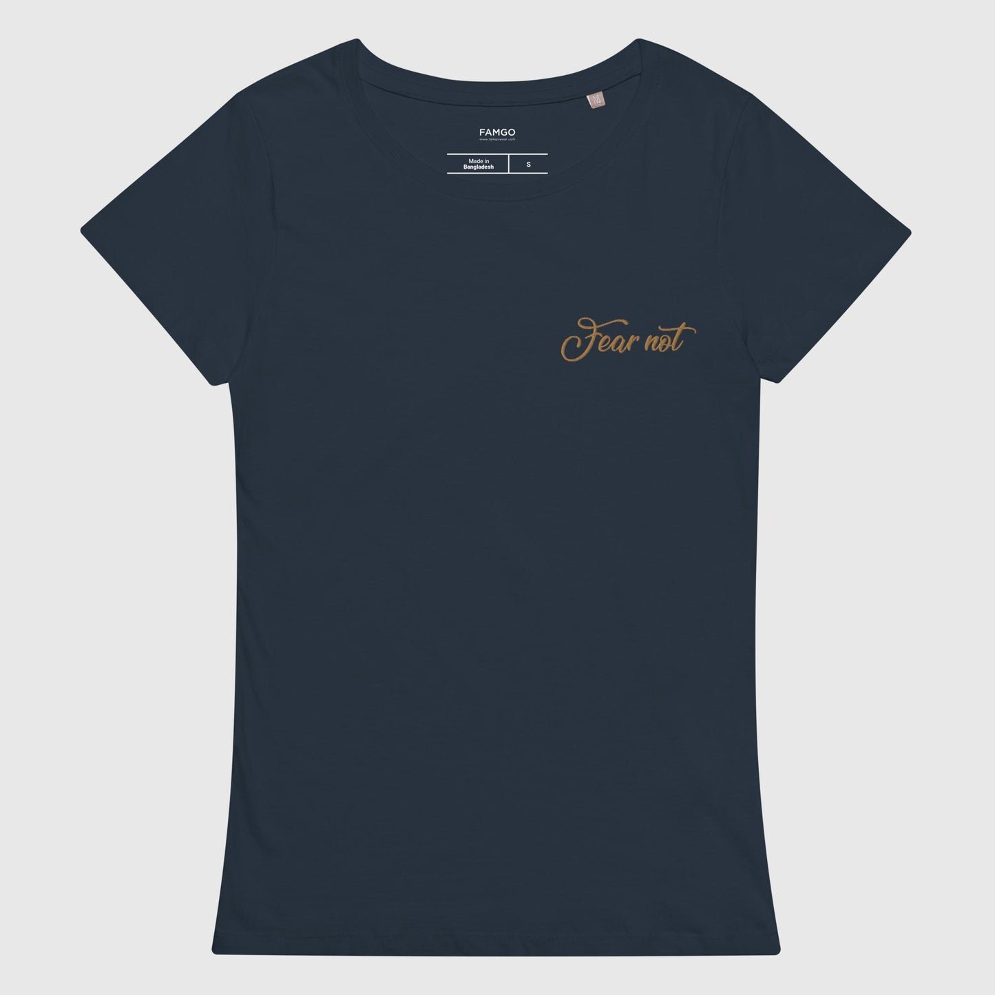 Women's french navy organic cotton t-shirt that features the inspirational quote, "Fear Not."