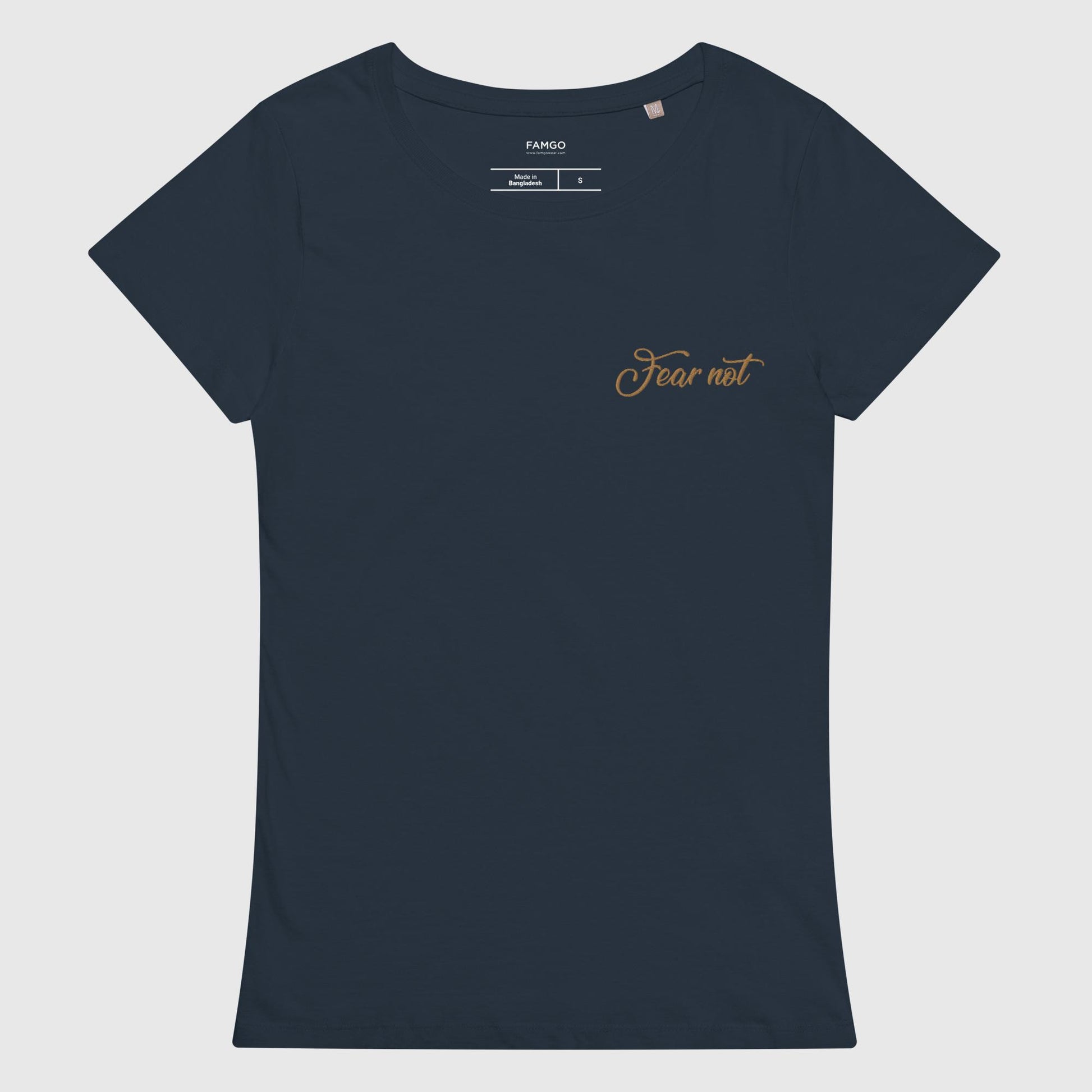 Women's french navy organic cotton t-shirt that features the inspirational quote, "Fear Not."