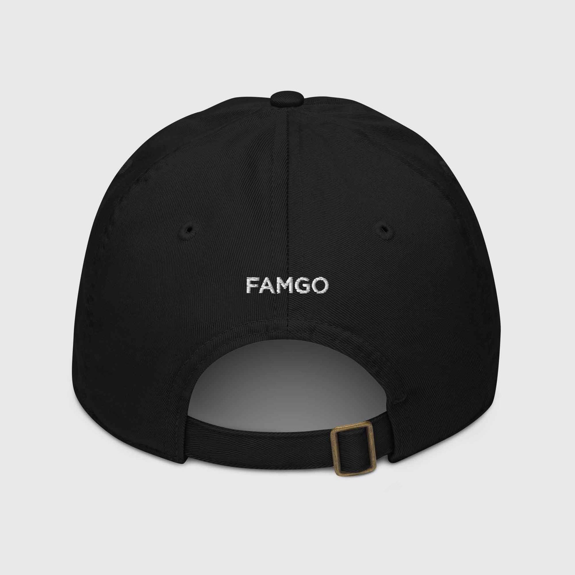 Back of black organic cotton baseball cap that says, "FAMGO"