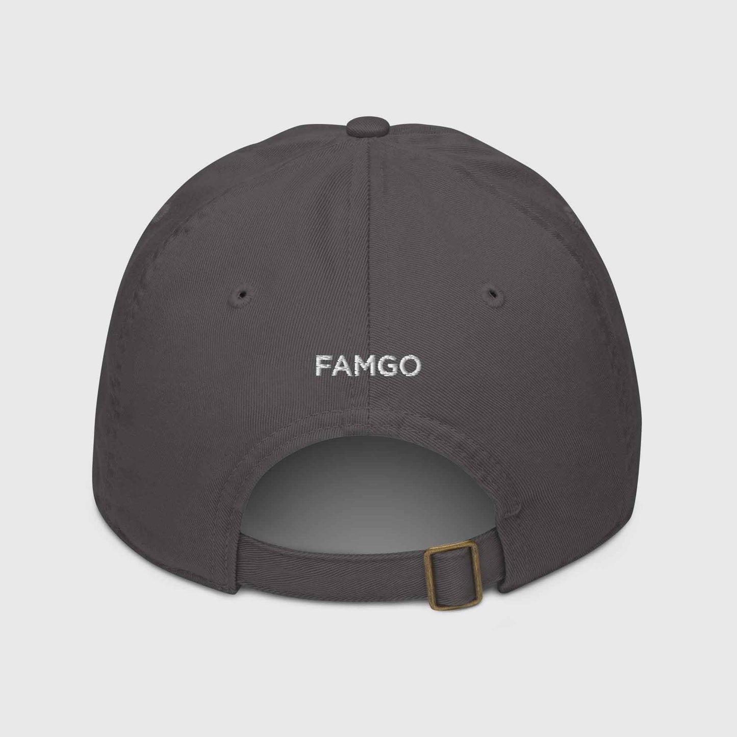 Back of gray organic cotton baseball cap that says, "FAMGO"