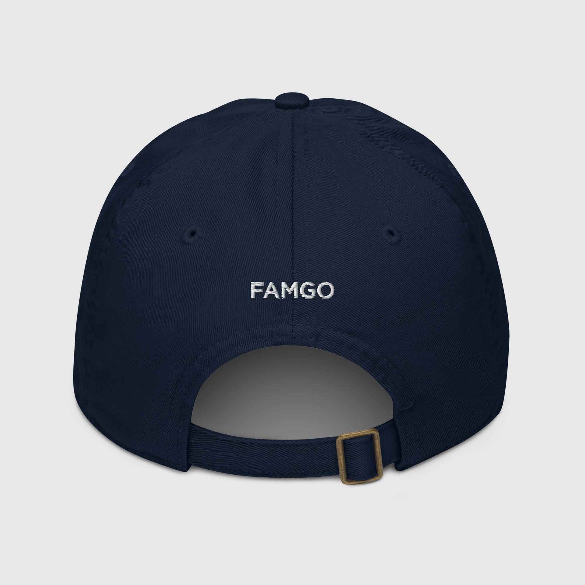 Back of navy organic cotton baseball cap that says, "FAMGO"