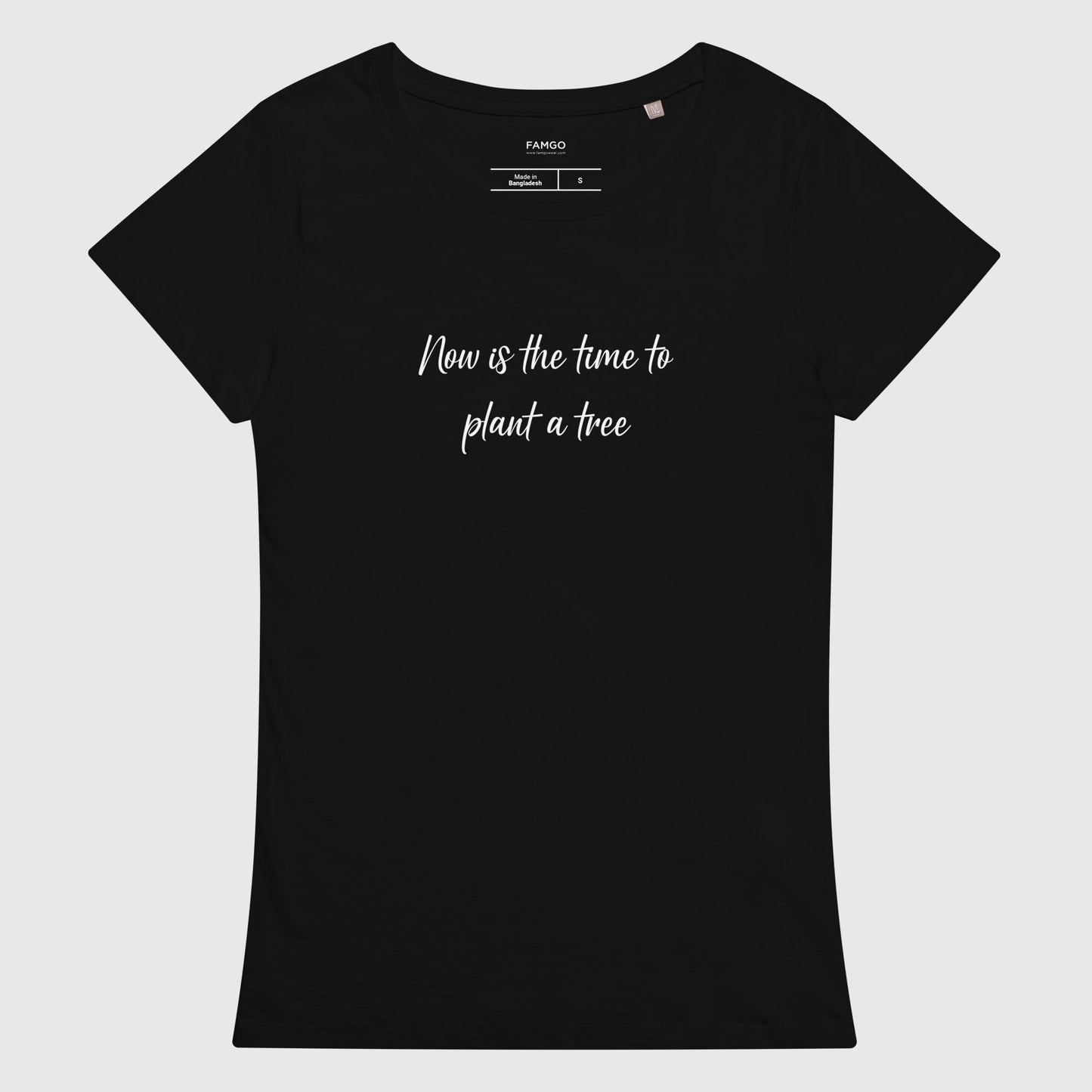 Women's black organic cotton t-shirt that features, "Now is the time to plant a tree,' inspired by the Chinese proverb, "The best time to plant a tree was 20 years ago. The second best time is now."