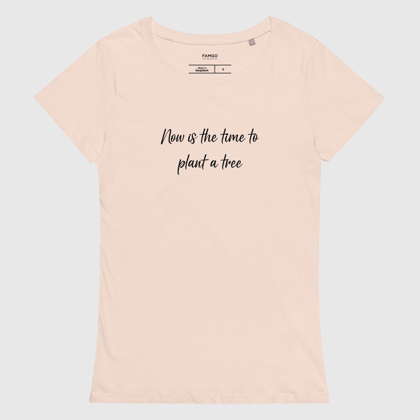Women's creamy pink organic cotton t-shirt that features, "Now is the time to plant a tree,' inspired by the Chinese proverb, "The best time to plant a tree was 20 years ago. The second best time is now."