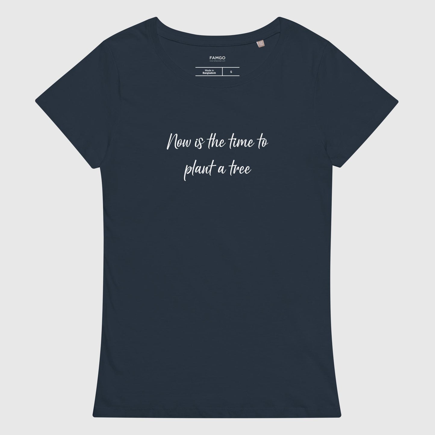 Women's french navy organic cotton t-shirt that features, "Now is the time to plant a tree,' inspired by the Chinese proverb, "The best time to plant a tree was 20 years ago. The second best time is now."