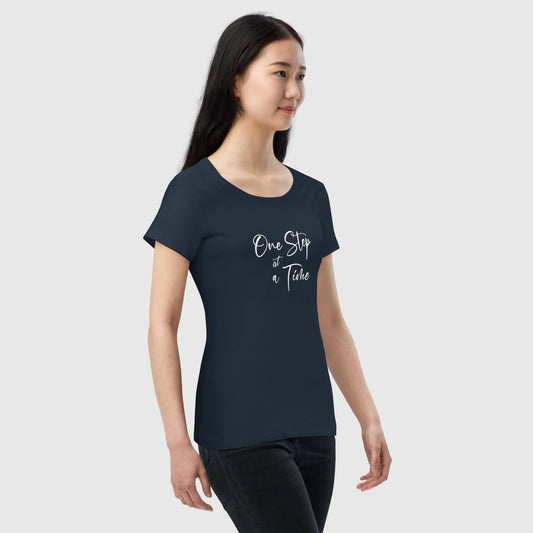 Women's french navy organic cotton t-shirt that features the inspirational quote, "One Step At A Time."