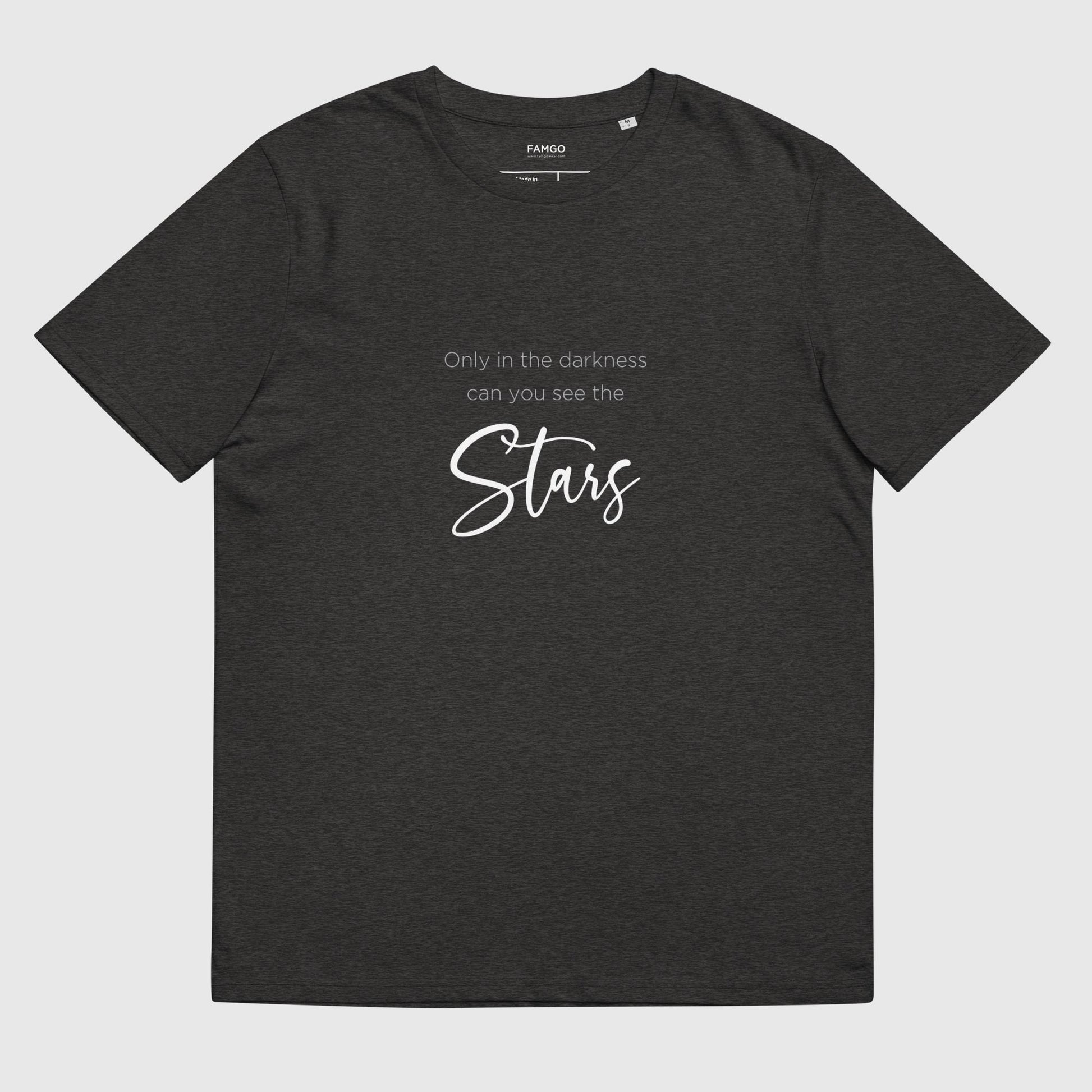 Men's dark gray organic cotton t-shirt that features Dr. Martin Luther King Jr's inspirational quote, "Only In The Darkness Can You See The Stars."