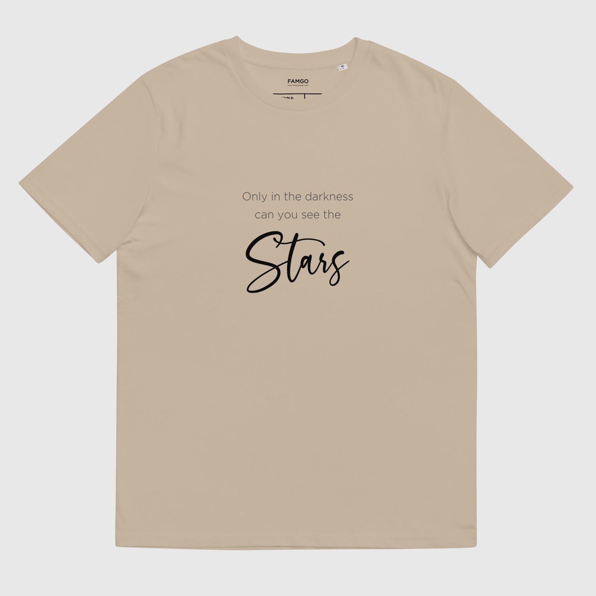 Men's desert dust organic cotton t-shirt that features Dr. Martin Luther King Jr's inspirational quote, "Only In The Darkness Can You See The Stars."