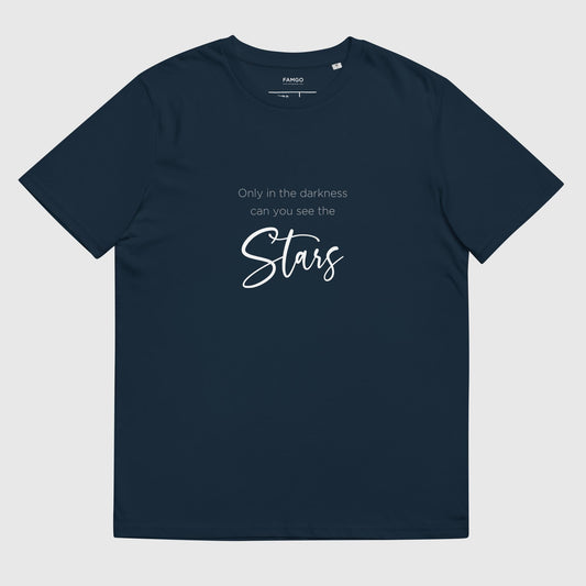 Men's navy organic cotton t-shirt that features Dr. Martin Luther King Jr's inspirational quote, "Only In The Darkness Can You See The Stars."