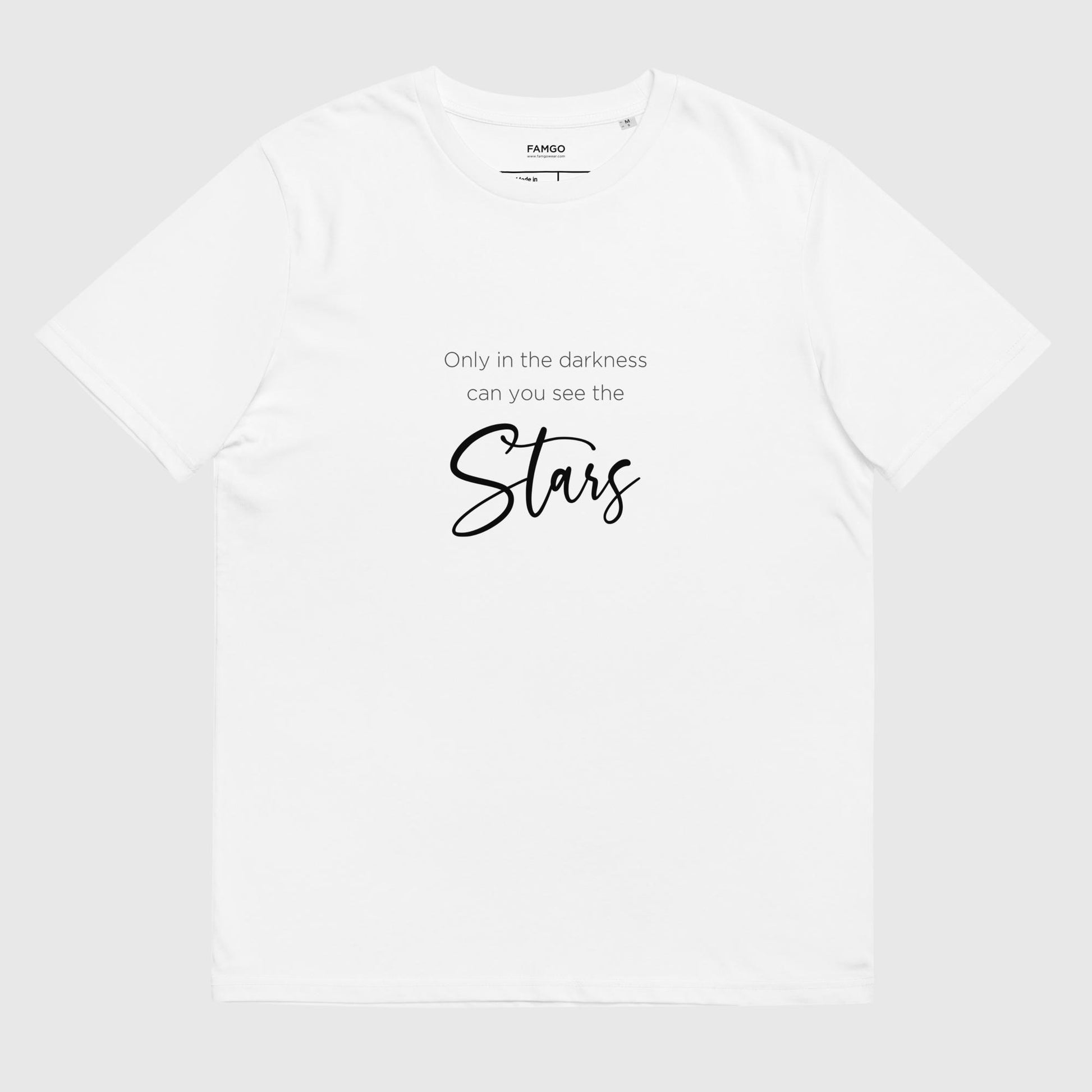 Men's white organic cotton t-shirt that features Dr. Martin Luther King Jr's inspirational quote, "Only In The Darkness Can You See The Stars."