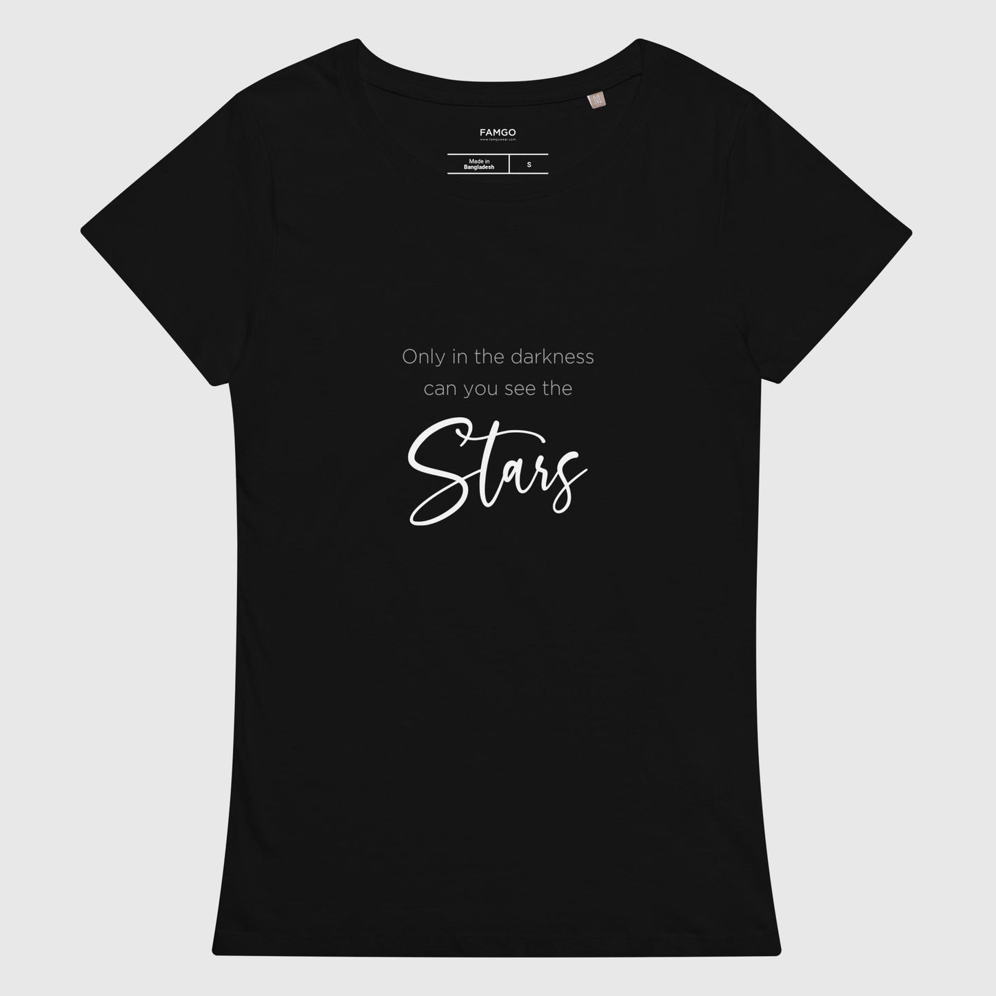 Women's black organic cotton t-shirt with Dr. Martin Luther King Jr.'s inspirational quote, "Only In The Darkness Can You See The Stars."