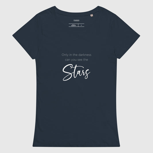 Women's navy organic cotton t-shirt with Dr. Martin Luther King Jr.'s inspirational quote, "Only In The Darkness Can You See The Stars."