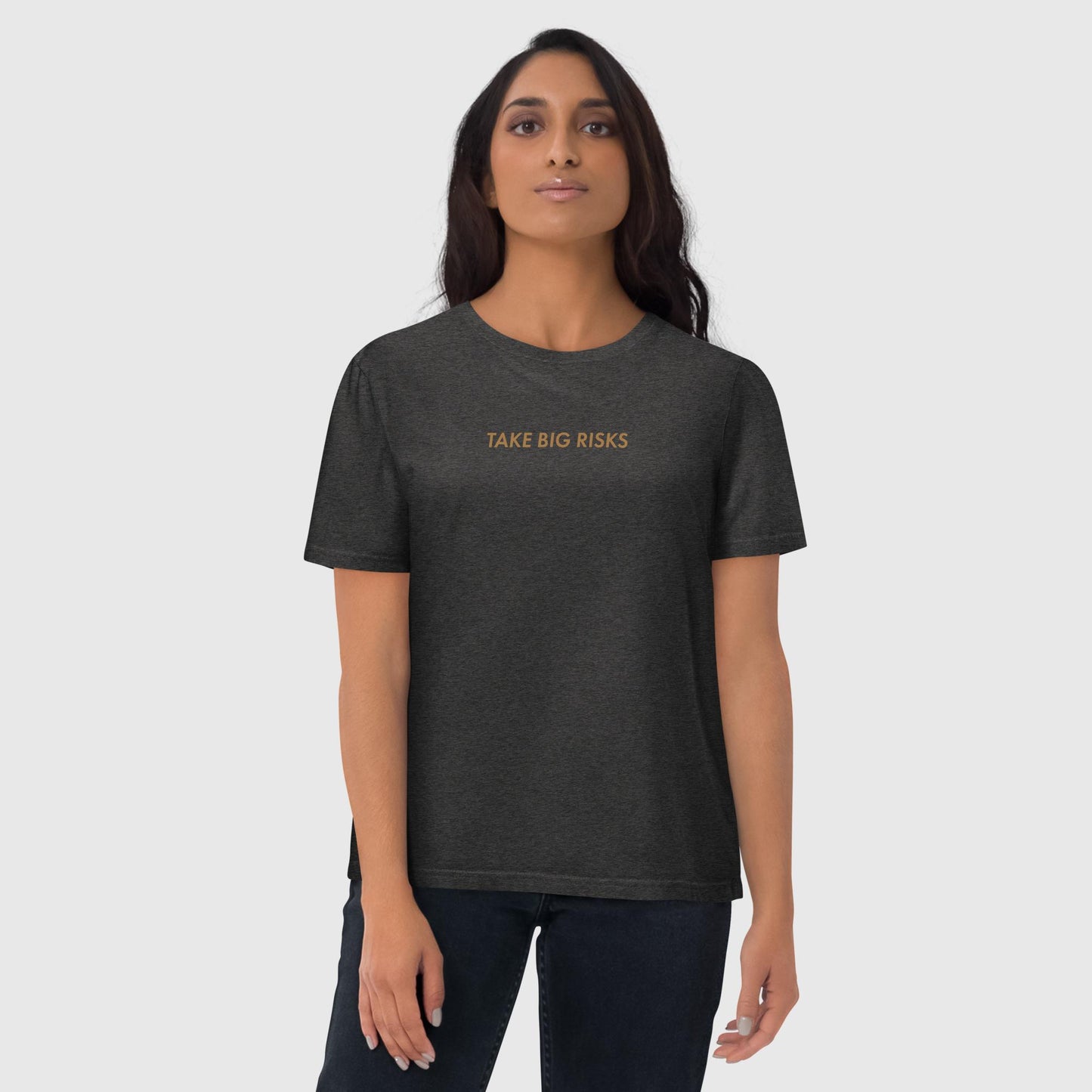 Women's dark heather gray oversized organic cotton t-shirt that features Bill Gates' quote on success, "Take Big Risks." 