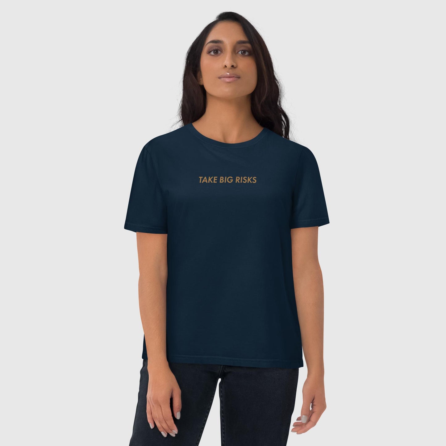 Women's french navy oversized organic cotton t-shirt that features Bill Gates' quote on success, "Take Big Risks." 