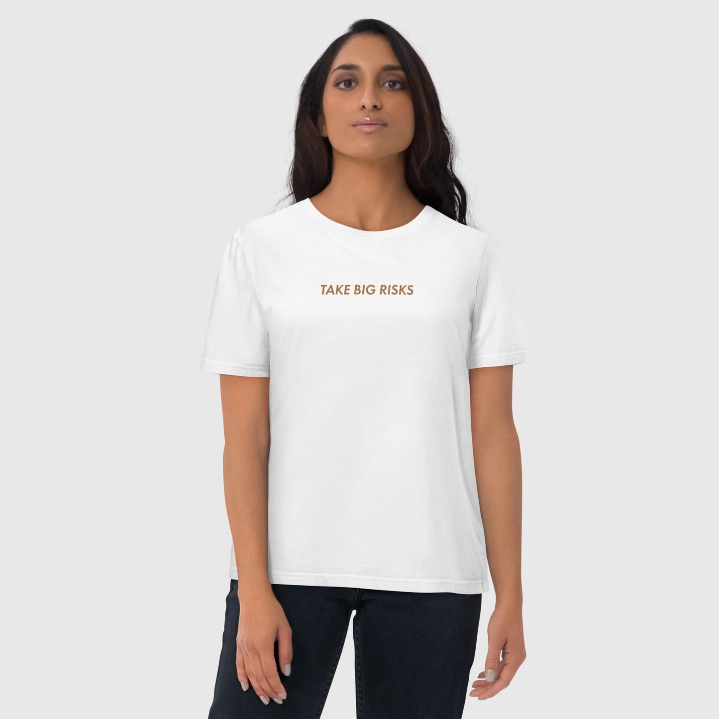 Women's white oversized organic cotton t-shirt that features Bill Gates' quote on success, "Take Big Risks." 