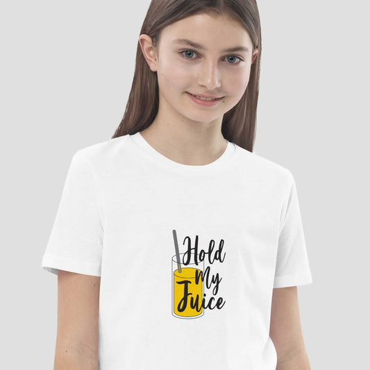 Close-up view of a child wearing "Hold My Juice" white organic tshirt