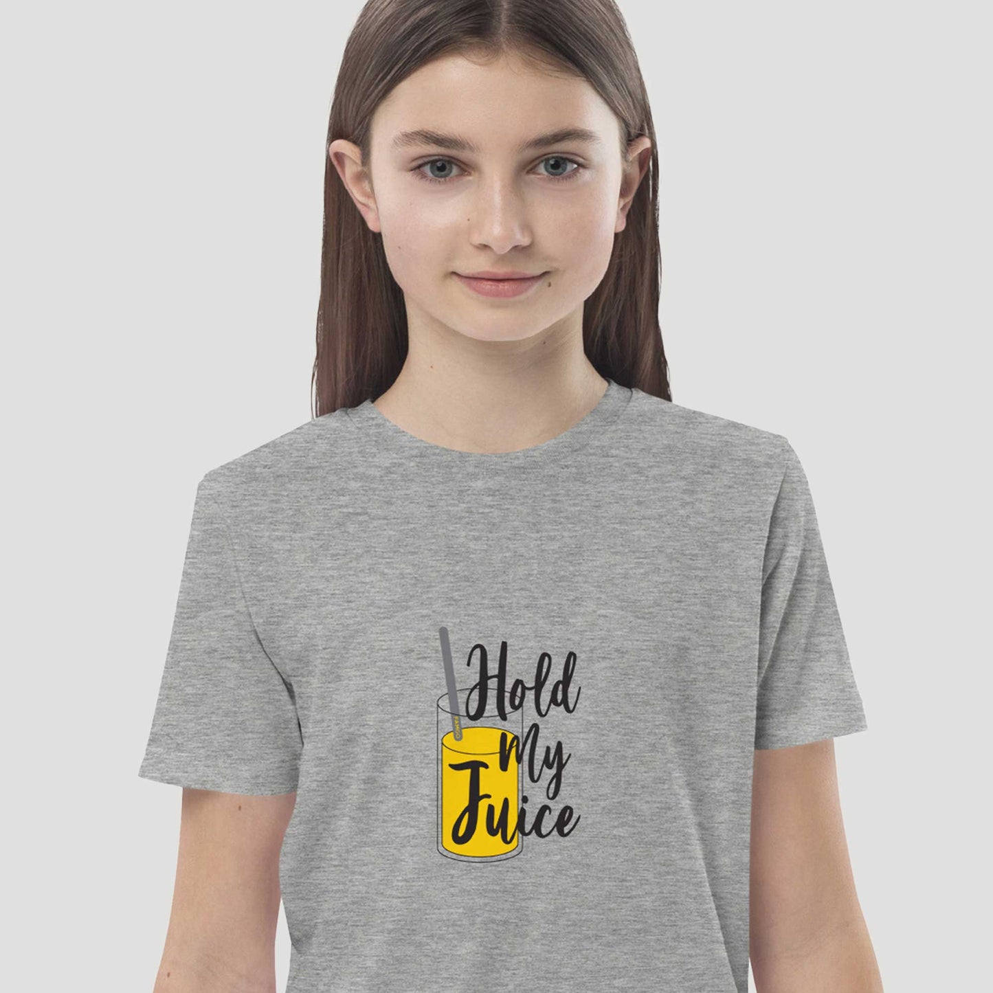 Close-up view of a child wearing "Hold My Juice" gray organic tshirt